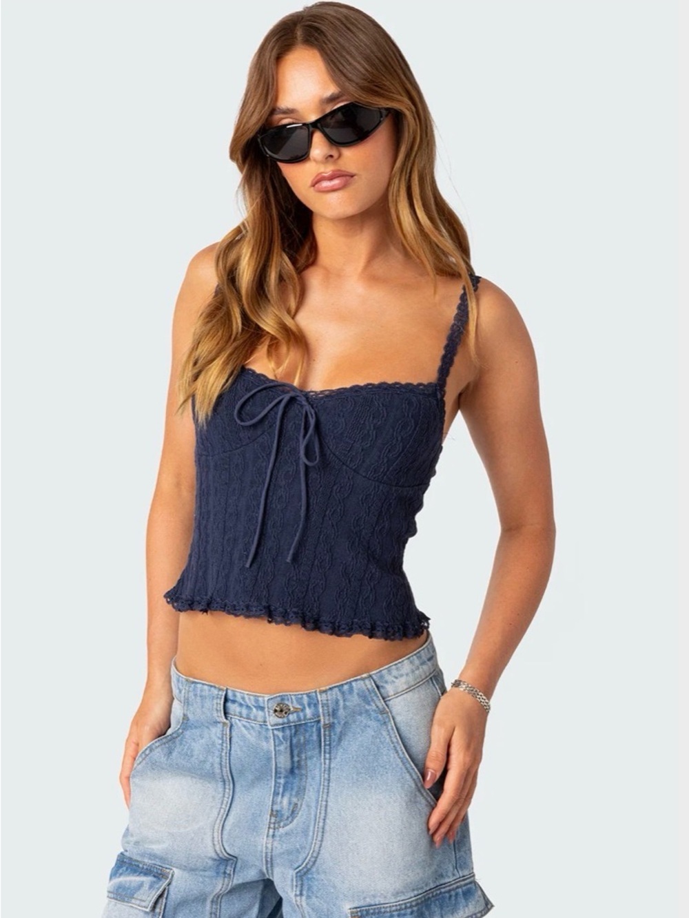 Edikted Navy Lace-Effect Cropped Tank with Tie Front